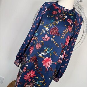 LOFT Women's Pebbled Satin Wildflower Shift Dress Navy Blue Multi-Color Ruffle M